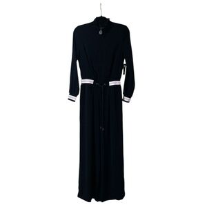 Guess Jumpsuit XS Black Zip Front Wide Leg Long Sleeve Stripe Trim Athleisure